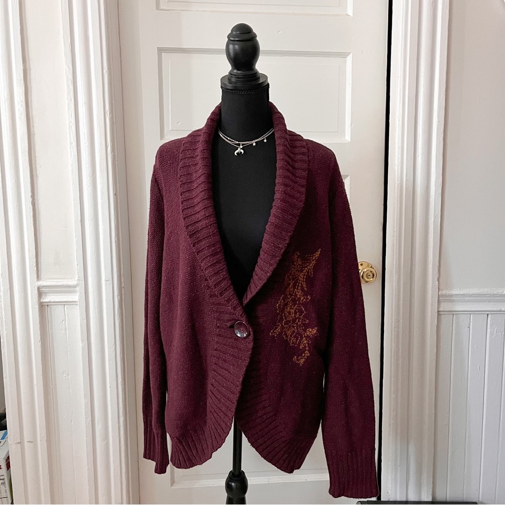 Eddie Bauer Cotton Knit Embroidered Cardigan (Maroon)